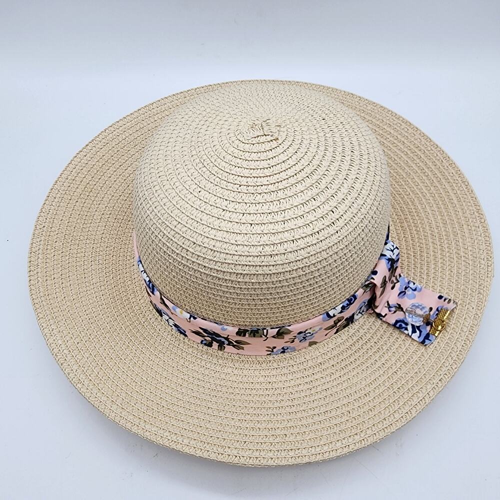 Marcus Adler Womens Straw Hat Short Brim Floral Tie Round Top Vacation Beach